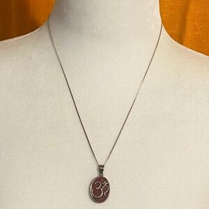Sterling silver & red coral OM necklace chain & pendant